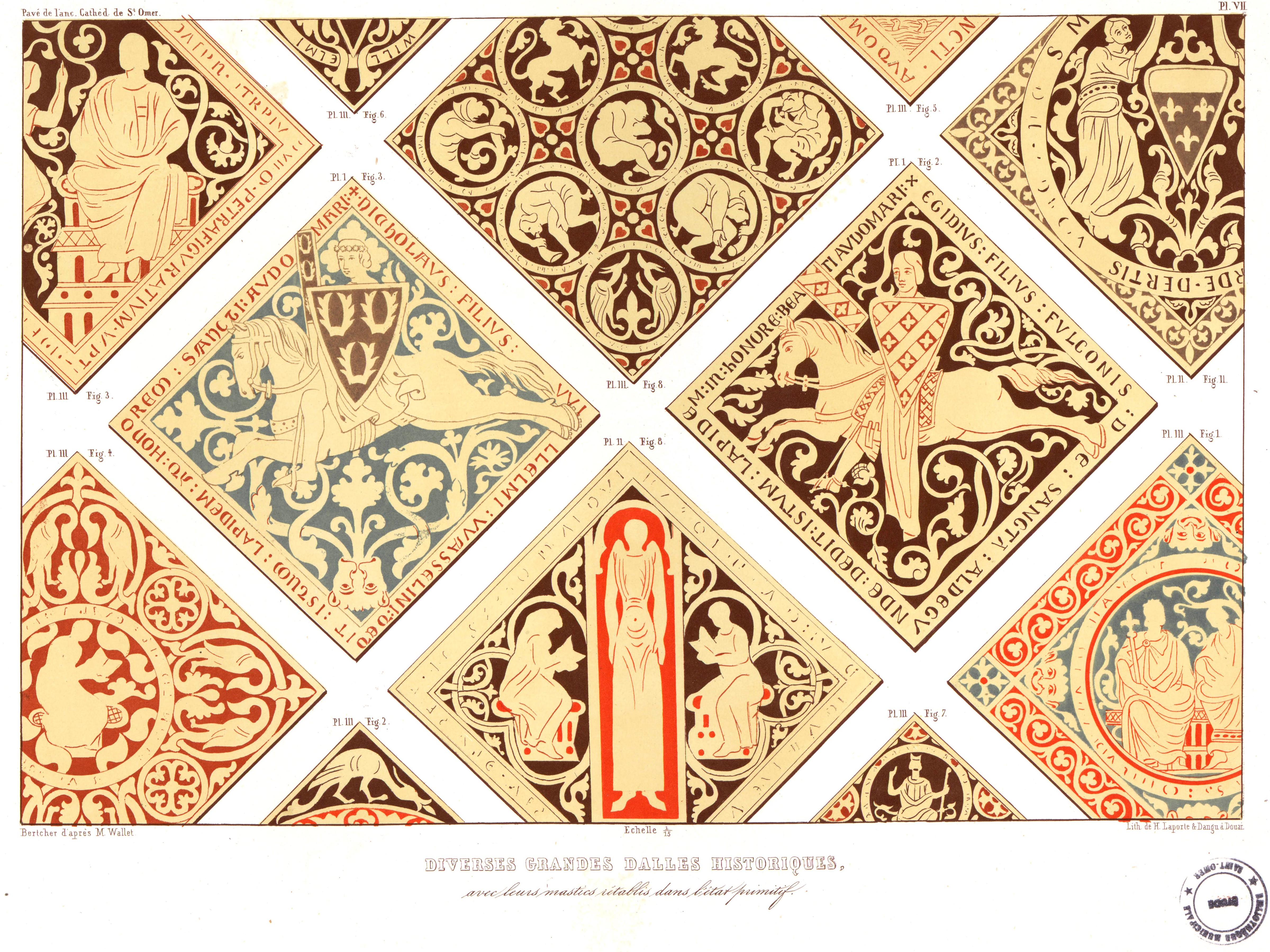 Diverses grandes dalles historiques, avec leurs mastics rétablis dans l’état primitif, Bertcher d’après M. Wallet, lithographie de H. Laporte et Dangu (CPE 653-79 bis/7)